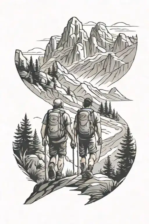 Two Hikers Hiking Up A Mountain Valley Trail