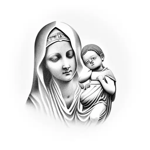A Black-grey Tattoo Of A Marble Statue Of Mary Cradling Baby Jesus
