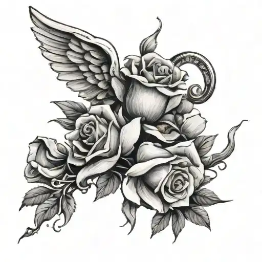 Rose Tattoo With Angel Playing Trumpet And Other Flowers
