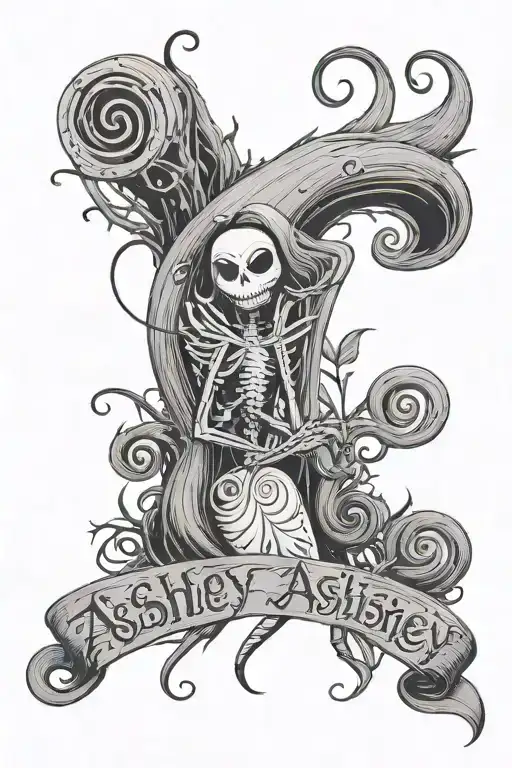The Name Ashley In Cursive Lettering With The Movie Nightmare Before Christmas Theme