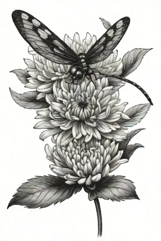 Chrysanthemum And A Dragonfly Hovering