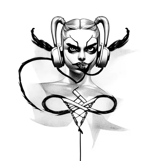 A Music Note Intertwined With A Silhouette Of Harley Quinn In Black-grey Style