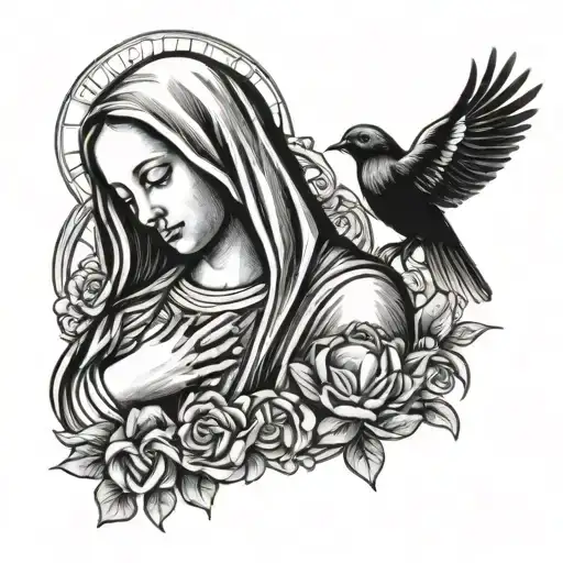 Small Tattoo With The Virgin Mary And A Dove With The Rosary