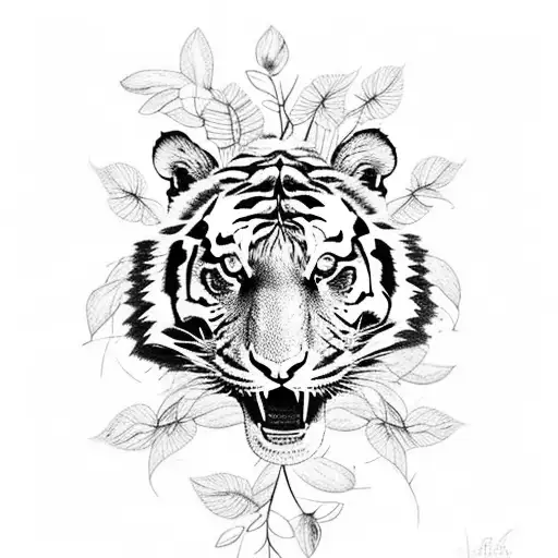 Tiger Head With Vines And Flowers Surrounding It