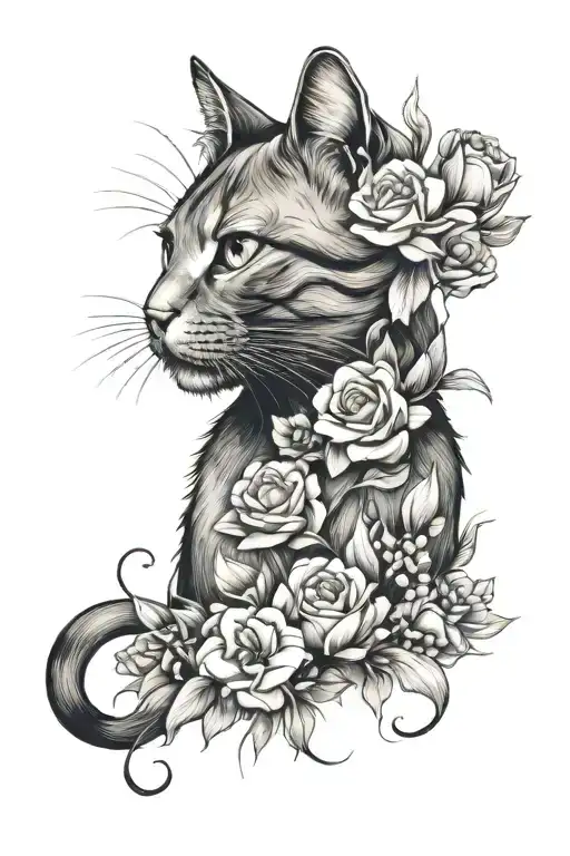 Cat And Flowers Tattoo