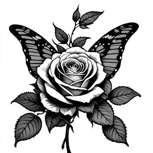 Rose With Stealing With Pointed Butterfly Wings Tattoo In Black White