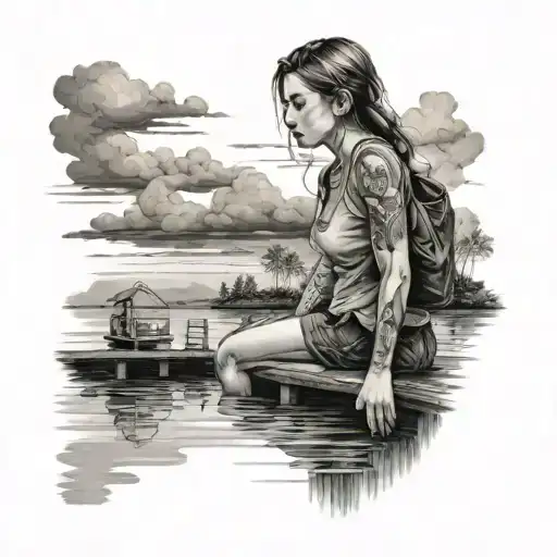 A Water View With Sky A Girl On A Dock Looking