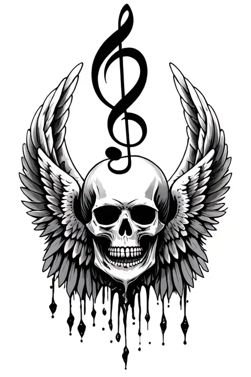 Half Skull Treble Cleff Angel Wing Drooping