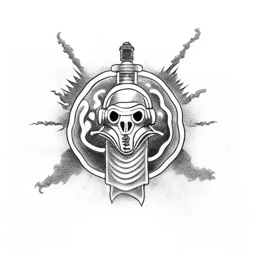 A Black And Grey Tattoo Of A Plague Doctor's Silhouette Surrounded By Swirling Clouds Of Toxic Gas