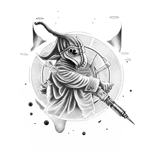 A Dotwork Tattoo Of A Plague Doctor Holding A Syringe Filled With A Mysterious Black Liquid