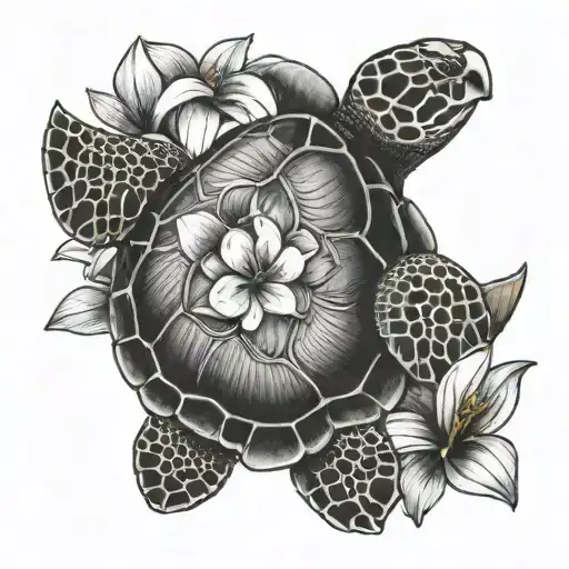 Real Sea Turtle With Bright Colored Plumeria