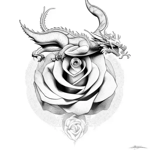 A Design Of A Dragon And Rose Intertwined