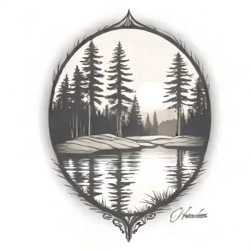 Redwood Trees And Golf Course Behind A Pond With A Fully Visible Shining Sun