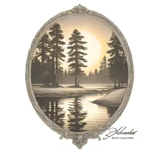 Redwood Trees And Golf Course Behind A Pond With A Fully Visible Shining Sun