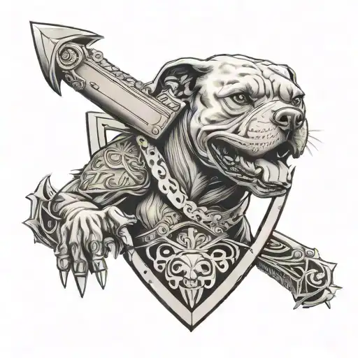 A Pitbull Warrior With A Skull Shield And Guitar Sword
