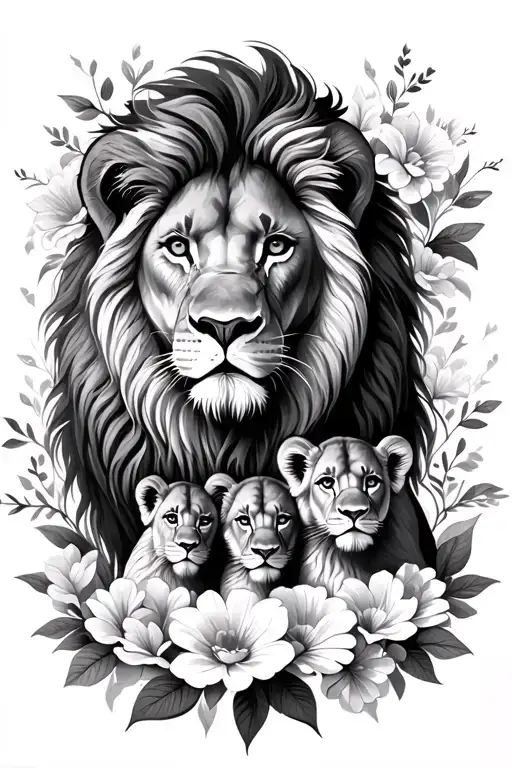 Lion And Lioness With Two Cubs Surrounded Flowers