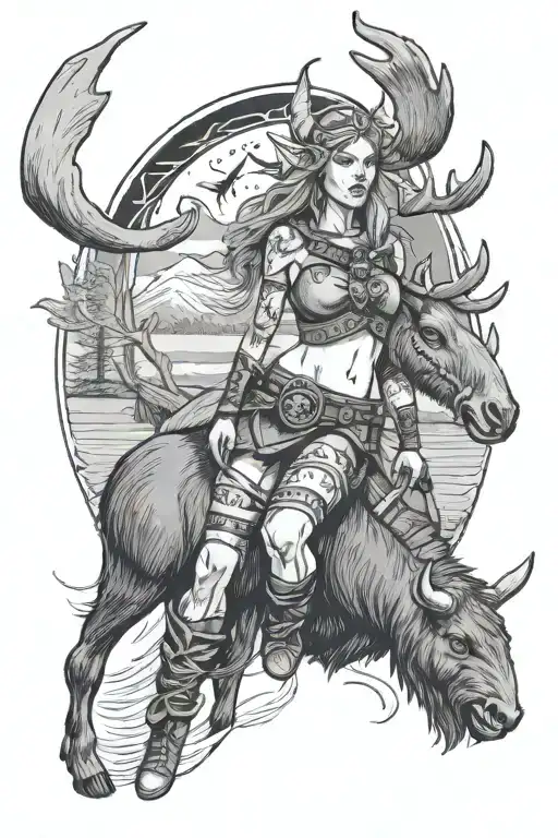 Viking Girl With Nordik Looks With A Moose In The Background Around A Lake With A Ufo In The Sky