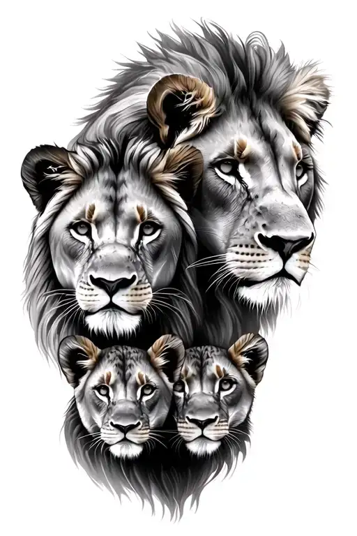 Lion And Lioness With Two Cubs And 2 Watch Faces Overlapping To Make