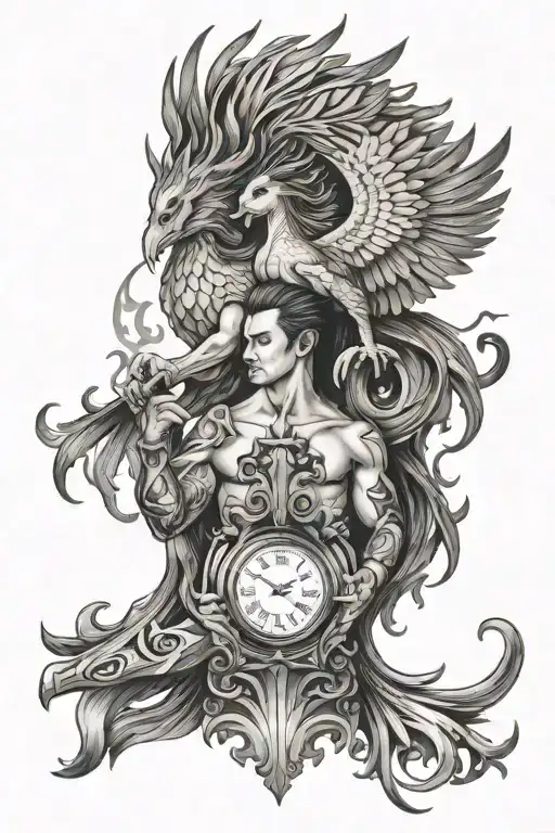 Warrior And Phoenix Rising From Ashes With An Hour Glass