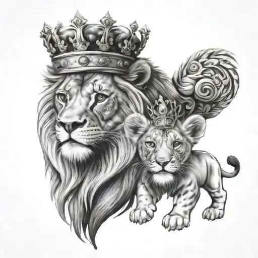 Baby Lion With King's Crown And Adult Lion Behind