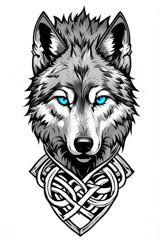 Wolf With Blue Eyes On Armor Tattoo Design Featuring Celtic Trinity Knot