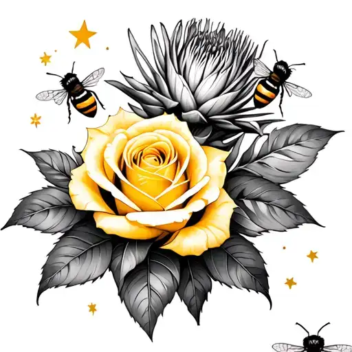 Yellow Rose And King Protea With Stars And Bees