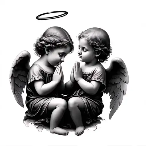 2 Baby Angels Praying With Halo