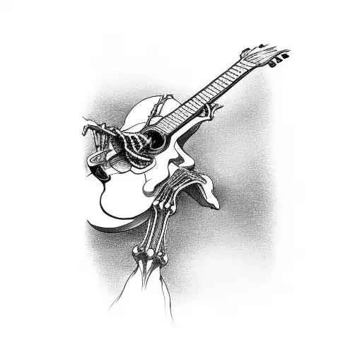 A Black And Grey Tattoo Of A Guitar Being Strummed By A Skeleton