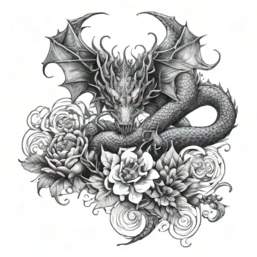 Dragon And Flowers Intertwined