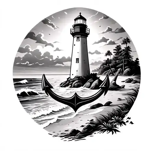 Anchor Beach Scene With Lighthouse