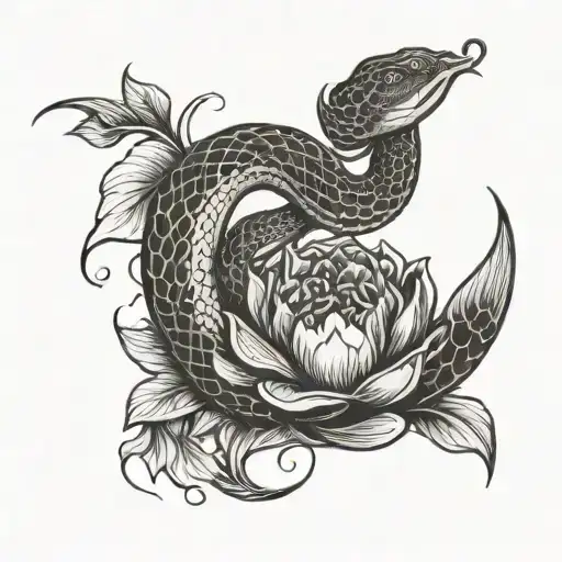 A Snake Coiled Around A Lotus Flower In A Yin-yang Design