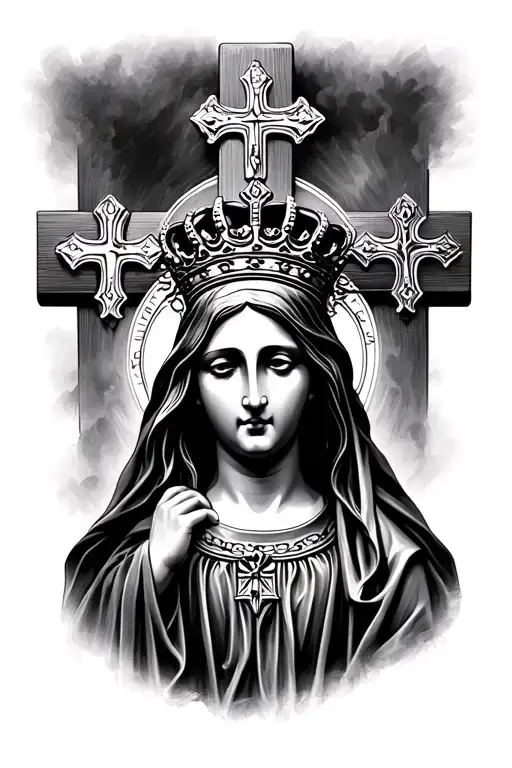 Virgin Mary With 3 Crosses And Crown On Cross