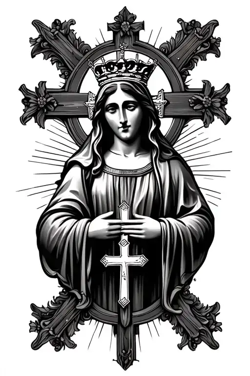 Virgin Mary With 3 Crosses On Bottom And Crown On Cross