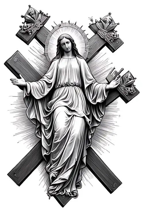 Virgin Mary Floating On Top Of 3 Crosses And Crowns On Crosses