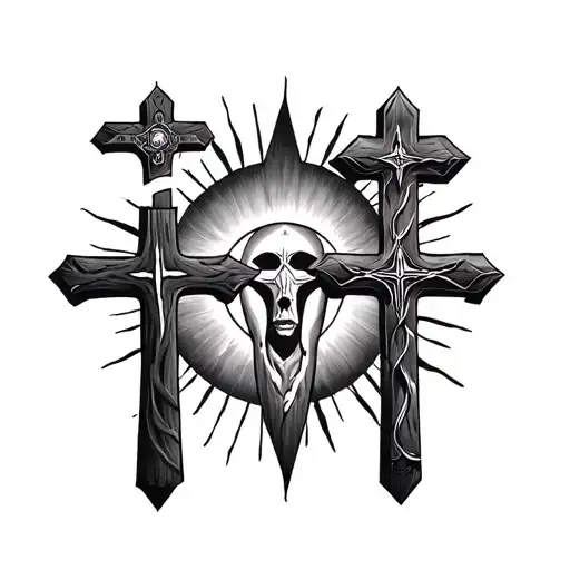 Three Crosses With The Phillipine Sun Behind It