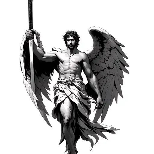 Male Archangel Holding A Sword To The Sky Facing Right Side