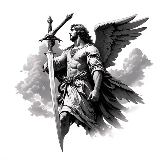 Male Archangel Holding A Sword To The Sky And Looking To Heaven