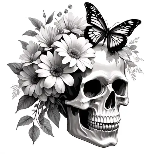 A Bouquet Of Flowers Next To A Skull With Butterflies