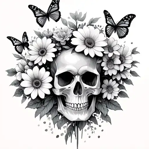 A Bouquet Of Flowers Next To A Skull With Butterflies
