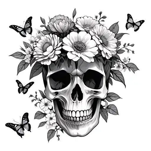 A Bouquet Of Flowers Next To A Skull With Butterflies