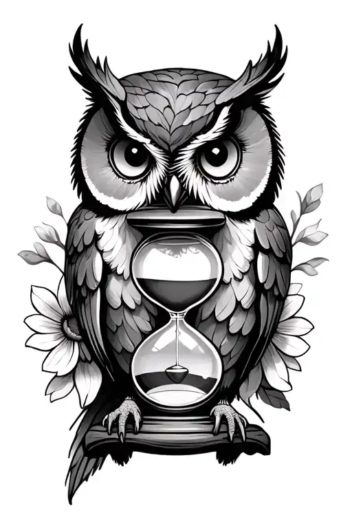 Owl Holding An Hourglass With Flowers