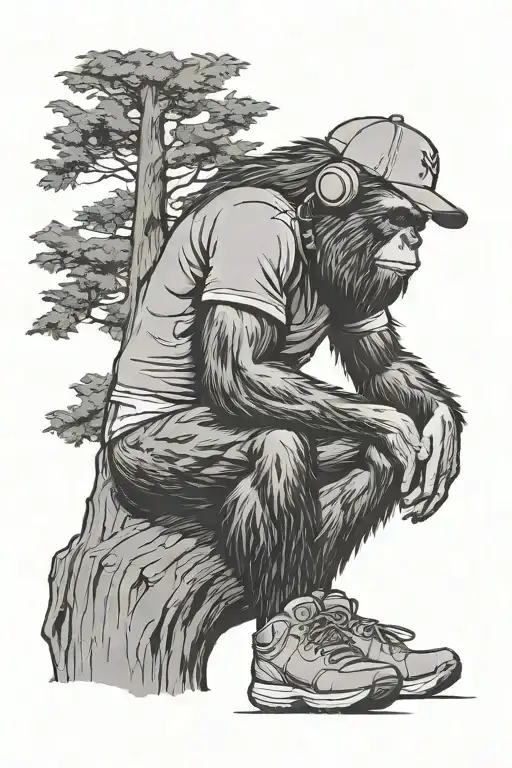 Bigfoot Wearing Fitted Ny Yankees Hat Backwards Listening To Headphones Sitting Next To Tree