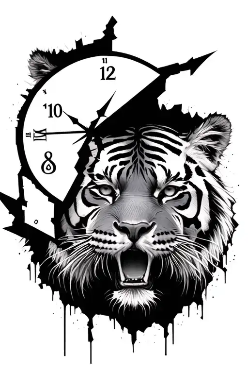 Scarred Tiger Face With Broken Clock