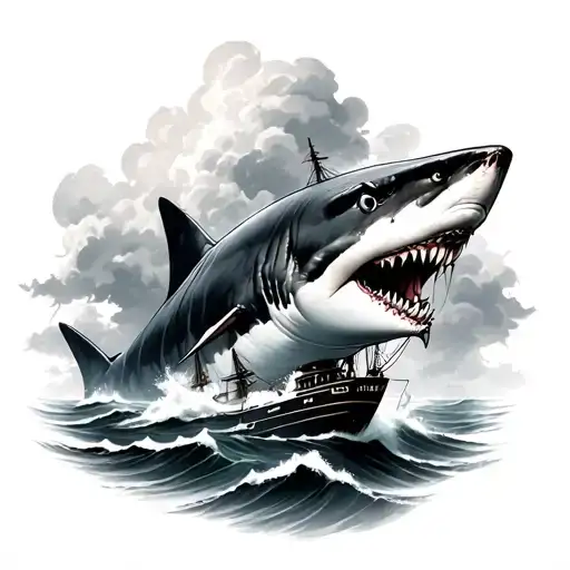 Shark And Ship Sailing Through Stormy