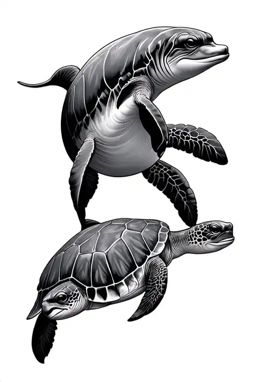 Dolphin And Turtle Swimming
