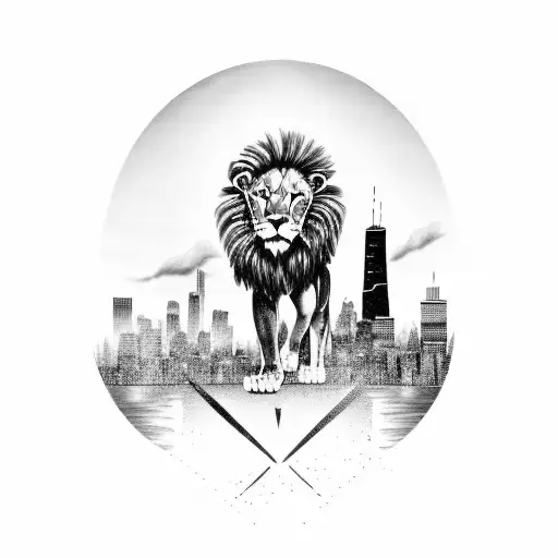 Chicago City With Sunset With Sun Rays Background With A Lion Walking Over The City