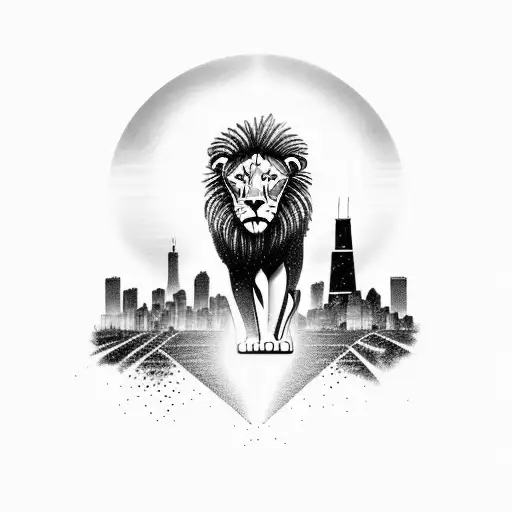 Chicago City With Sunset With Sun Rays Background With A Lion Walking Over The City