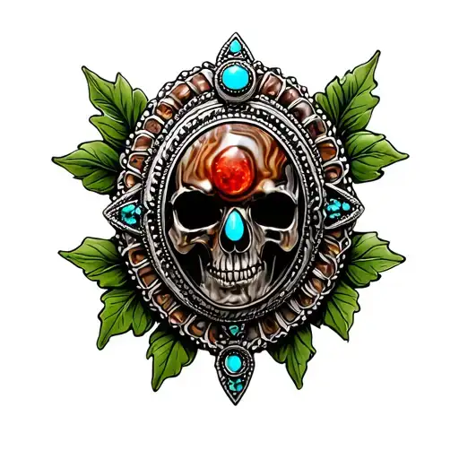 Turquoise Western Brooch With Brown Marble Accents With Green Leaves Around And Red