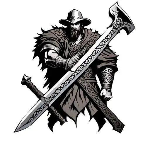 Celtic Warrior With Crossing Sword And Hatchet