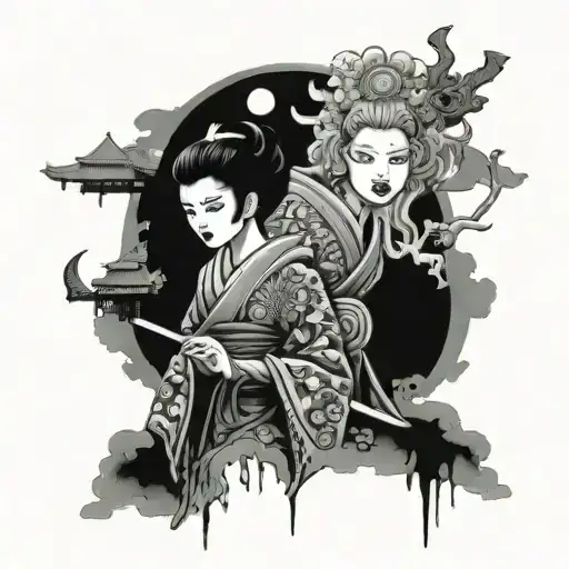 Zombie Geisha And Samurai Temple Gopuram Symmetrical